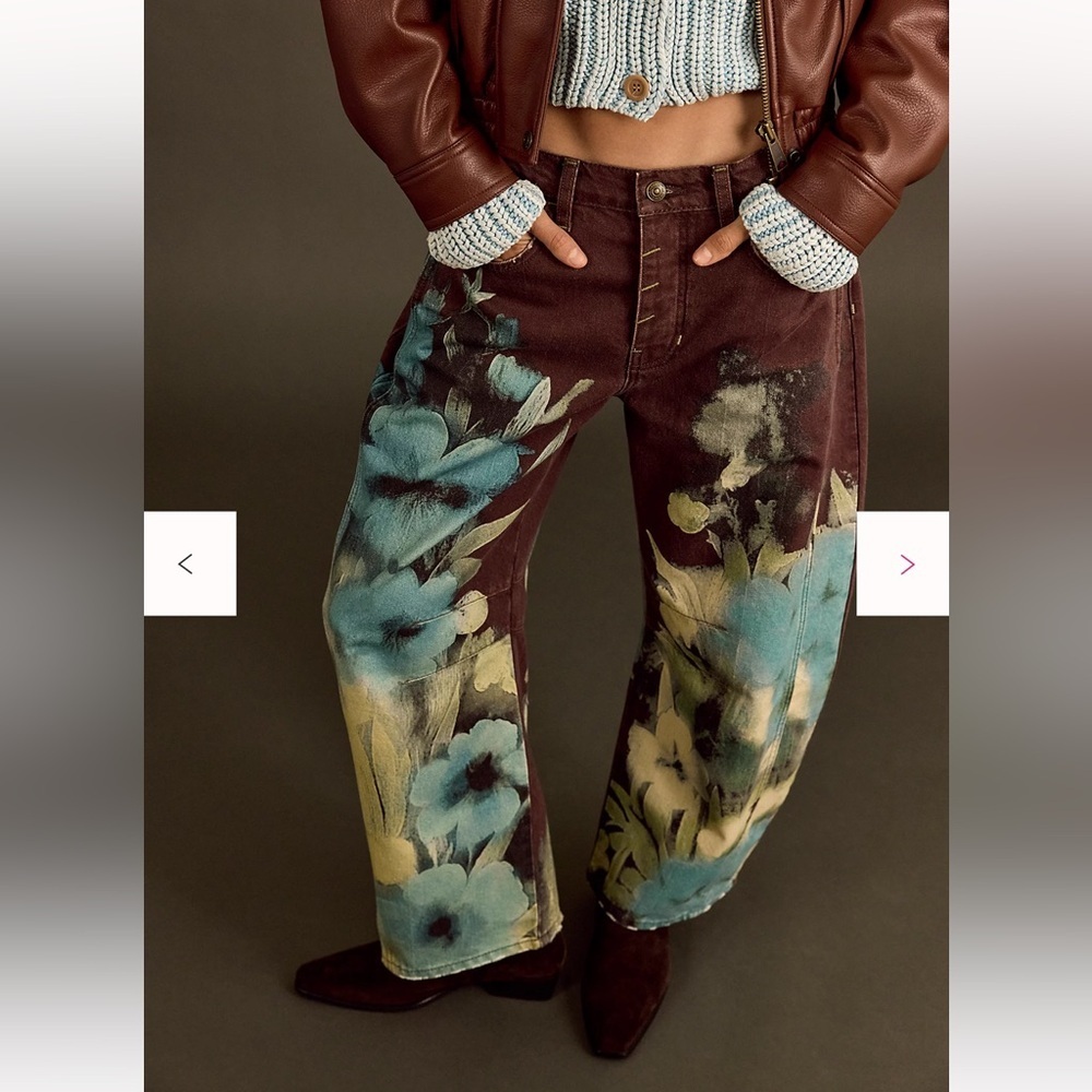 Free People We The Free Good Luck Printed Barrel Jeans 26 Washed Floral NWT